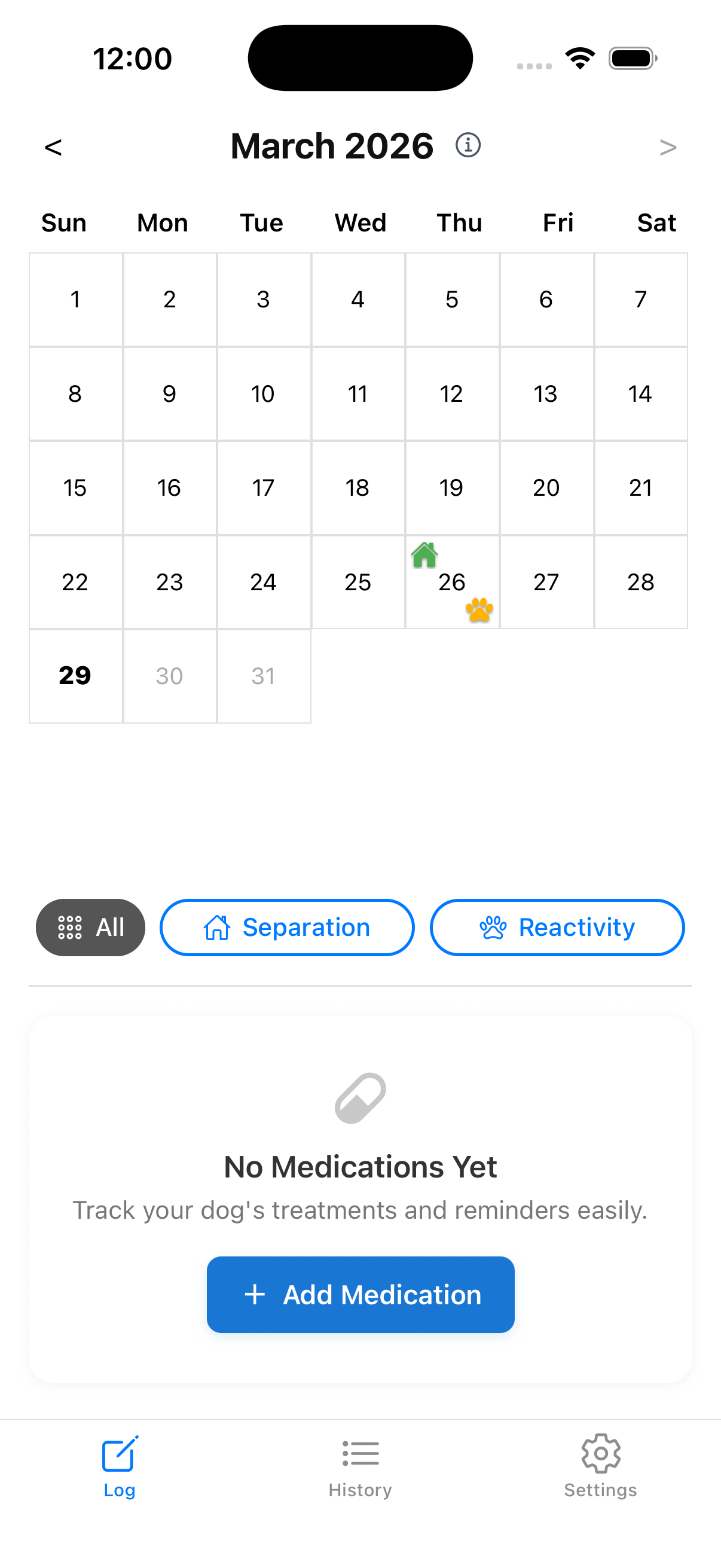 CalmTails app showing a monthly behavior calendar, filter controls, and medication section.